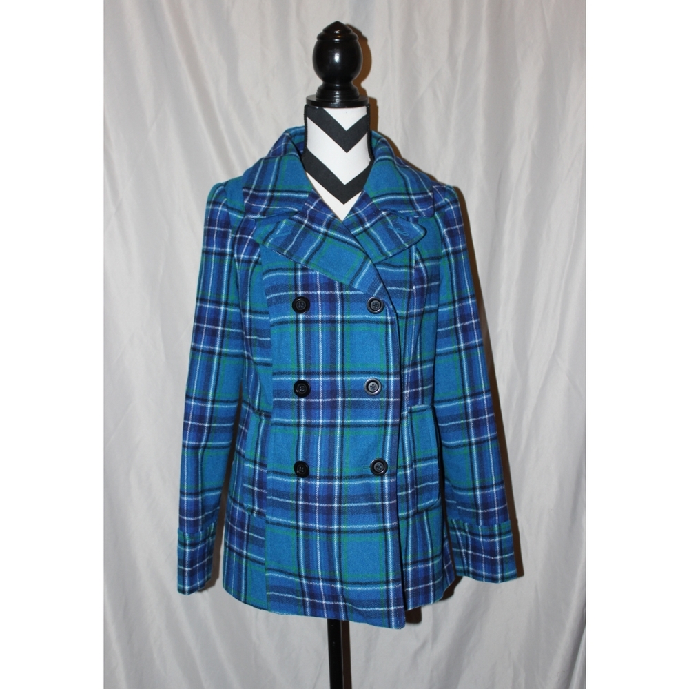 Old Navy Blue Plaid Wool Peacoat